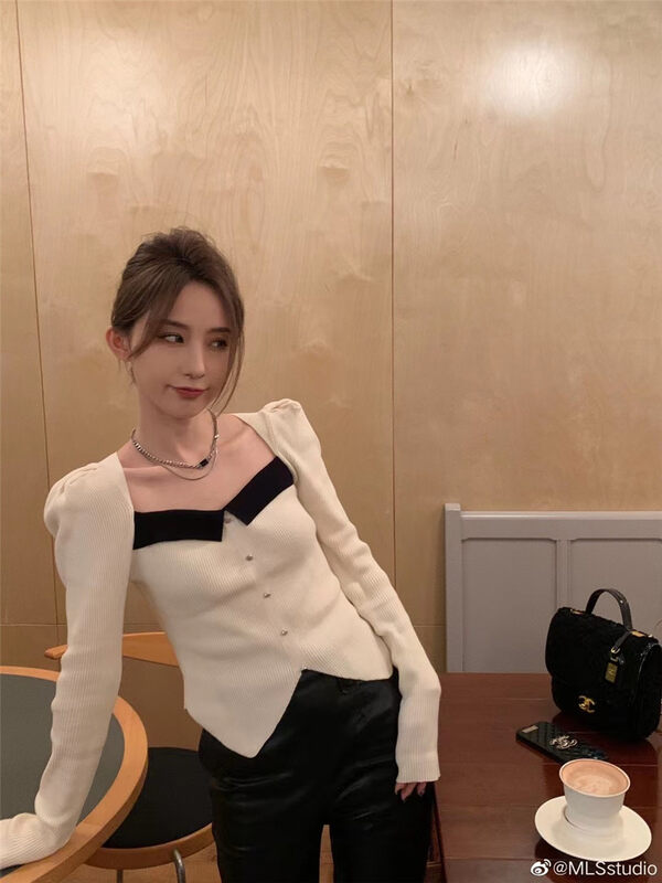 [MS STUDIO] Elegant color-blocking square-neck sweater 09556# PCZ