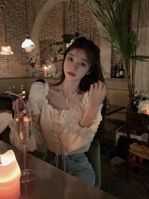 New in autumn! [WGWE] Lace Puff Sleeve Strapless Two-Wear Retro Hong Kong Style Long-sleeved T-Shirt 2655# FHX