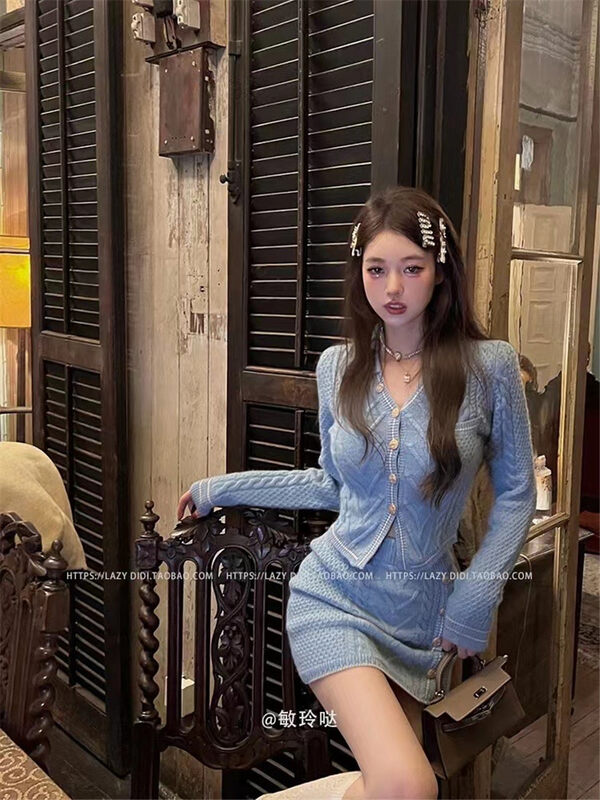 【MS STUDIO】Small femininity contrasting color edge knitted sweater + single-breasted short skirt suit 09519# PCZ