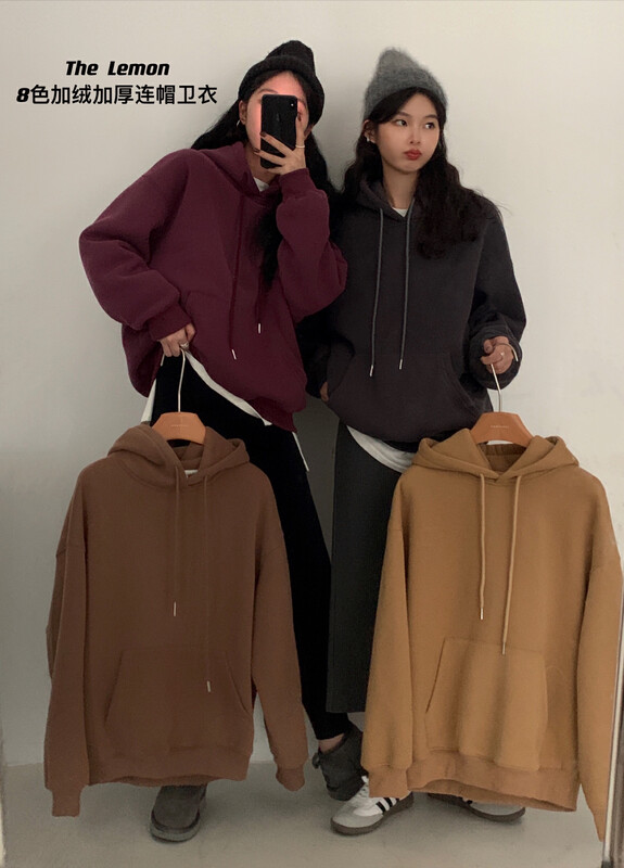 [Lemon Green Tea] Thickened fleece hooded loose all-match sweater 2595# FHX