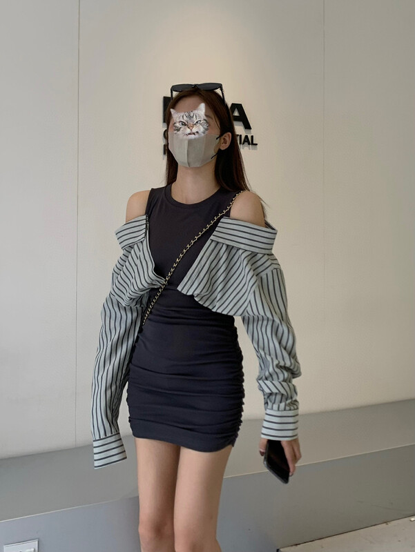 New winter models!  【WGWE】Striped shawl pleated knitted fake two-piece design dress 2891# FHX