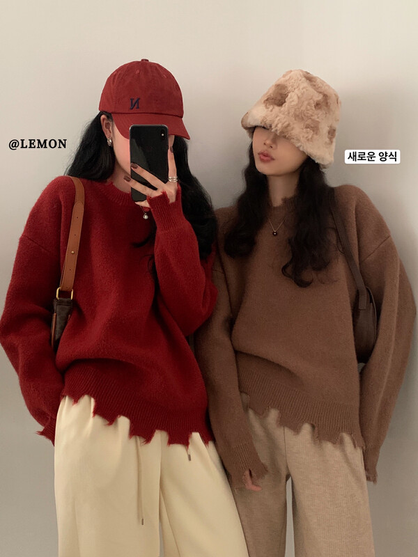【Lemon Green Tea】Korean Lazy Design Sweater with Ripped Hole Edge 00-262# FHX