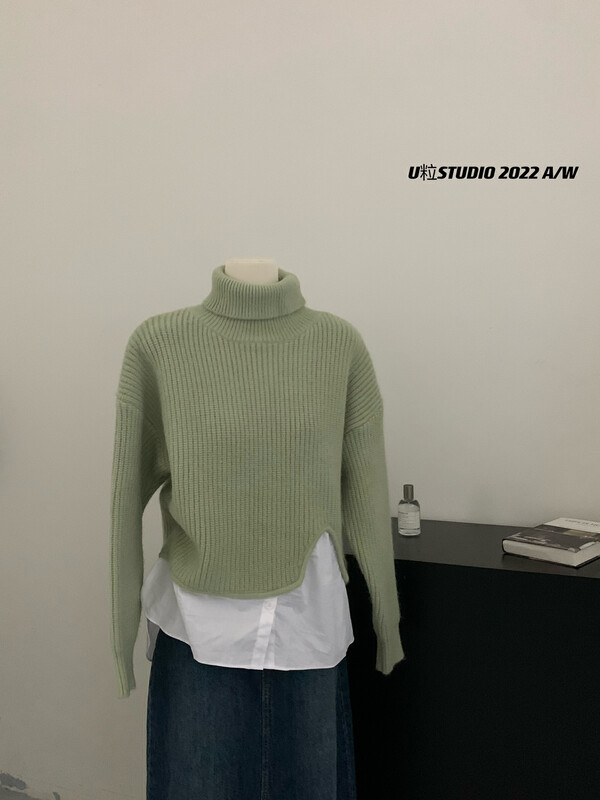 [U granules] Korean style lazy wind high collar pit strip splicing shirt sweater 3371