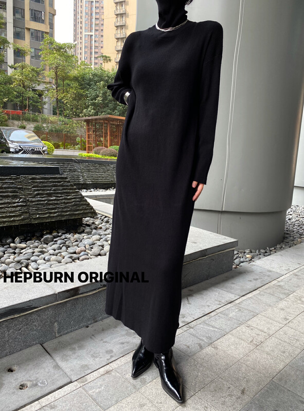 [HEPBURN Hepburn] high-necked thick knitted sweater dress all-match casual dress A53