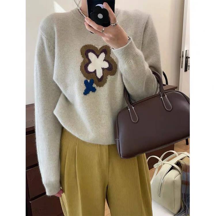 【MISS KOREA】Flocking small flower round neck pullover warm sweater 5386-1# HBX