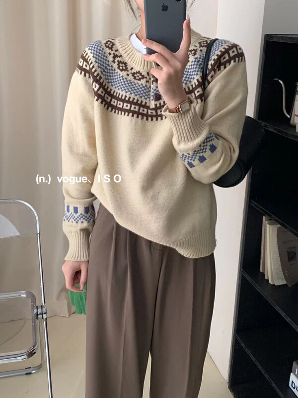 【ISO Korean】Retro jacquard contrast color warm sweater 751# HJY