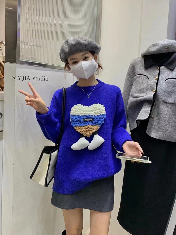 【Y.JIA】Casual all-match flocking love round neck lazy warm sweater YS1-936# FHX