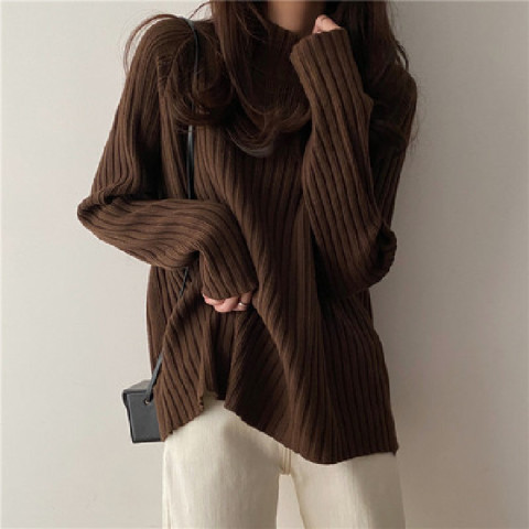 Coffee-colored sweater  new women's mid-length loose lazy wind spring and autumn half-high collar knitted top bottoming shirt