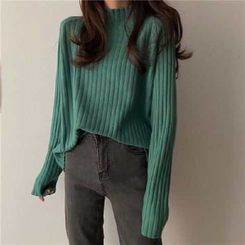 Coffee-colored sweater  new women's mid-length loose lazy wind spring and autumn half-high collar knitted top bottoming shirt