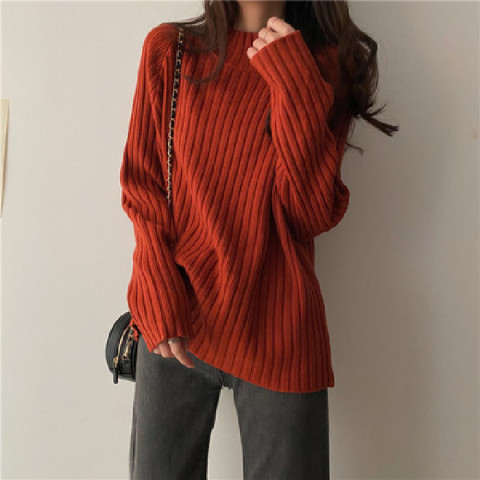 Coffee-colored sweater  new women's mid-length loose lazy wind spring and autumn half-high collar knitted top bottoming shirt