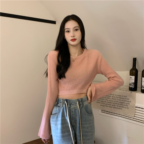 Real price trumpet sleeve high waist round neck sweater women's long-sleeved knitted short bottoming shirt top