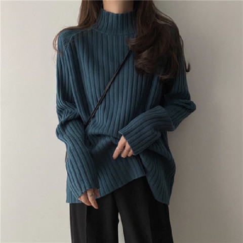 Coffee-colored sweater  new women's mid-length loose lazy wind spring and autumn half-high collar knitted top bottoming shirt