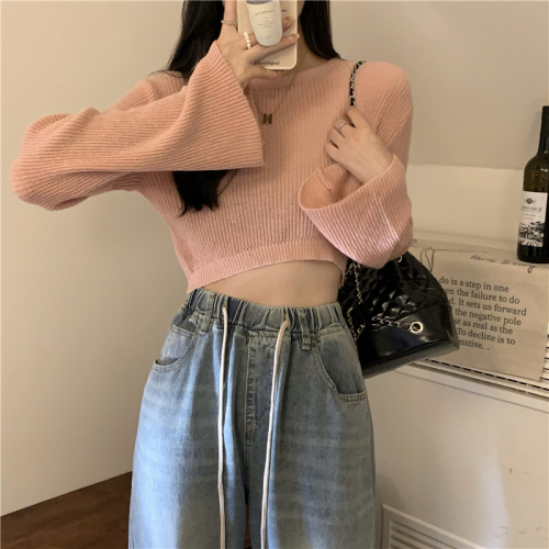 Real price trumpet sleeve high waist round neck sweater women's long-sleeved knitted short bottoming shirt top