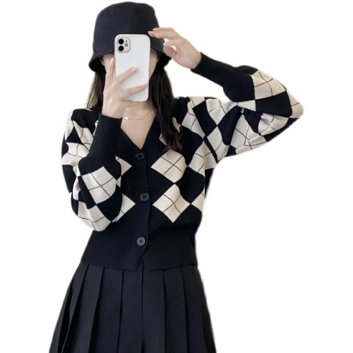Retro rhombus v-neck long-sleeved knitted cardigan women's autumn short sweater coat autumn and winter