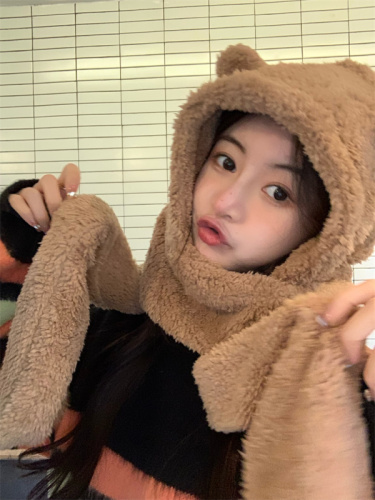 Real price bear hat scarf integrated ear protection plush autumn and winter warm hat