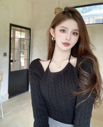 Real shot new warm soft waxy wind lazy knitted fake two-piece sweater women autumn and winter