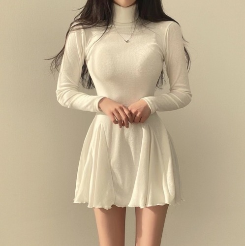 Korean chic spring new French retro high collar long-sleeved dress female slim slim bottoming skirt