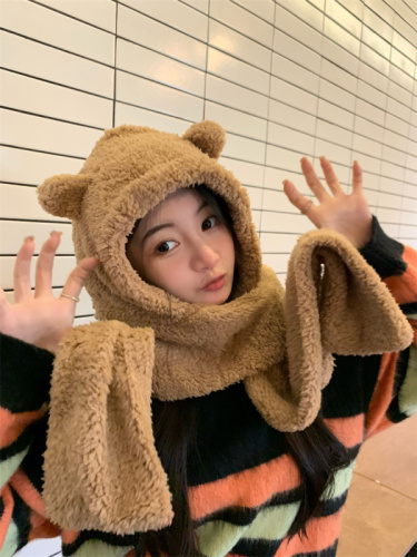 Real price bear hat scarf integrated ear protection plush autumn and winter warm hat