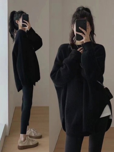 Raccoon fleece sweater women's autumn and winter mid-length lazy wind design loose thickened knitted bottoming shirt for outerwear in winter