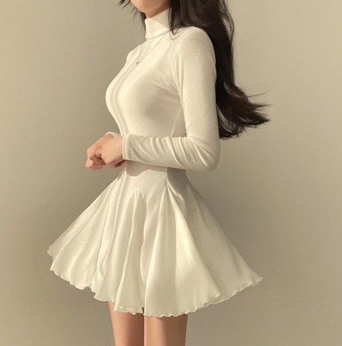 Korean chic spring new French retro high collar long-sleeved dress female slim slim bottoming skirt