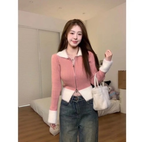 Real price  new Korean style sweet fur collar splicing contrast color design zipper slimming knitted cardigan sweater