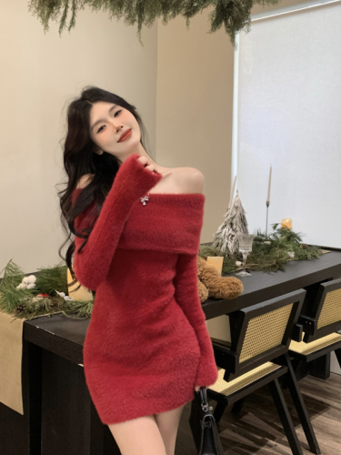 Real Shot Nett Price Heartbeat Overture Christmas High-end Sensual Sexy Off-Shoulder Soft Waxy Mink Knitted Dress