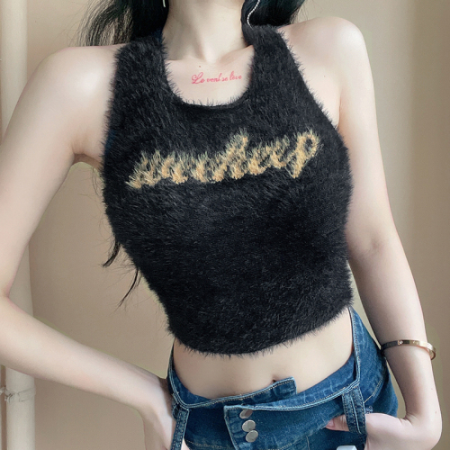 Fashion new letter hanging neck vest summer sweet and spicy care machine plush high waist small sling knitted top