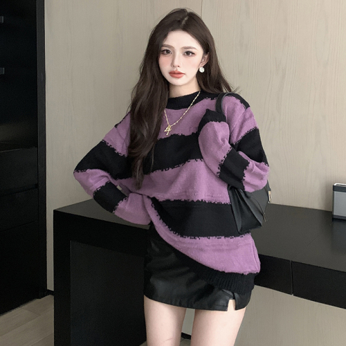 Real Shot Hollow Woven Striped Mohair Sweater Women's Loose Lazy Outer Wear Thin Section Long Tops