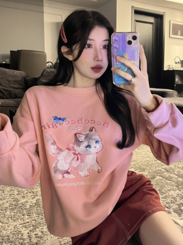 Normal distribution Real shot Cute cartoon printed sweater plus velvet round neck pullover top women's autumn and winter models