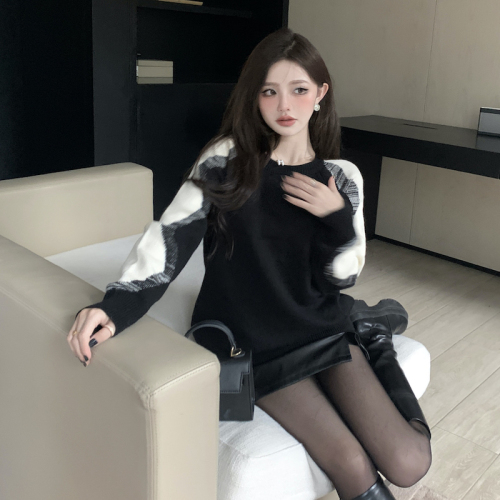 Real shot~ Contrasting color mohair sweater women's spring and autumn loose lazy design sense loose and gentle knitted top