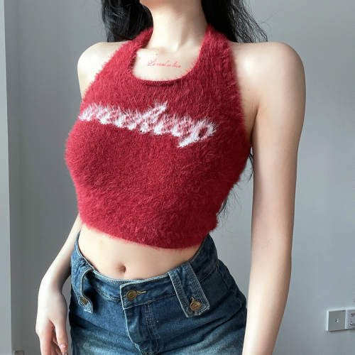 Fashion new letter hanging neck vest summer sweet and spicy care machine plush high waist small sling knitted top