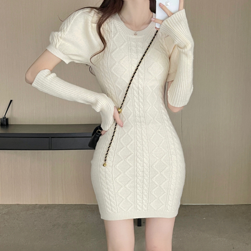 Real shot real price Korean retro twist knitting dress elegant puff sleeve hip skirt with sleeves for women