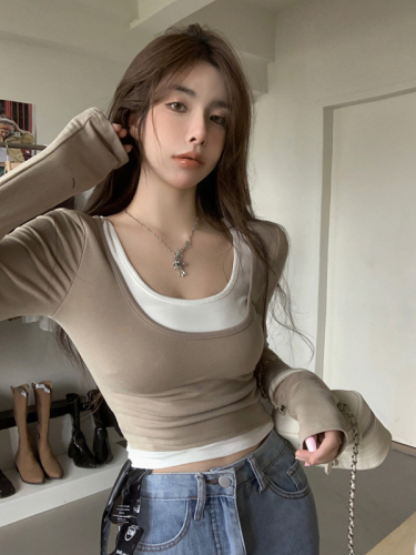 Real price!  Square collar fake two-piece top temperament slim long-sleeved sexy inner bottoming T-shirt female 1822