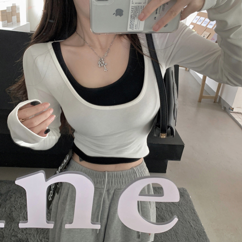 Real price!  Square collar fake two-piece top temperament slim long-sleeved sexy inner bottoming T-shirt female 1822