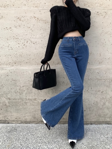 Real shot real price fashion retro slit slightly bootcut trousers slim high waist elastic jeans women's tide