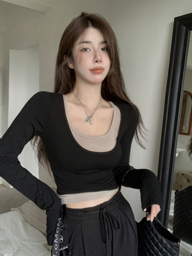 Real price!  Square collar fake two-piece top temperament slim long-sleeved sexy inner bottoming T-shirt female 1822