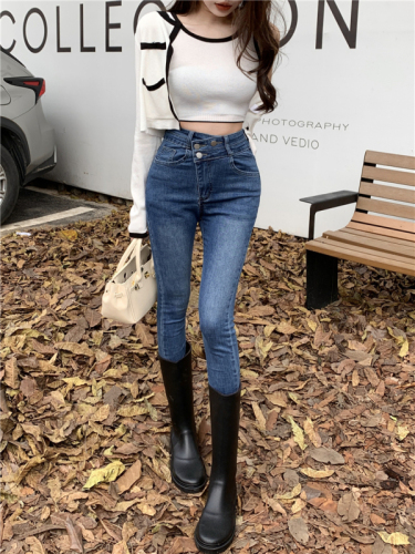 Real shot real price misplaced oblique buckle high waist jeans slim fit slim feet nine points pencil boots pants
