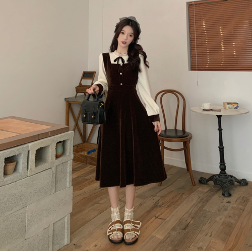 High-elastic corduroy wooden ears stand-up collar tea dress women's winter  new inner skirt small