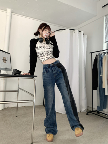 Real shot real price slim straight daddy pants female Hong Kong style retro all-match casual casual contrast color loose wide-leg trousers