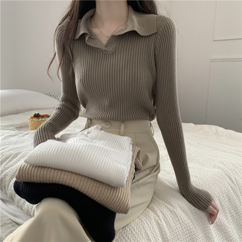 Polo collar long-sleeved knitted sweater women's autumn and winter Korean version of the new slim fit and thin pit stripe inner bottoming top