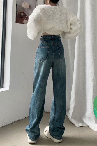 Real price real shot High waist American retro jeans Blue loose straight-leg trousers mopping trousers