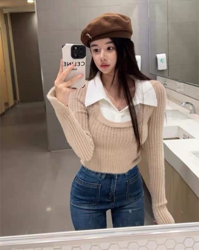 Autumn and winter new Korean version wearing fake two-piece lapel knit sweater imitation mink sweater slim POLO collar