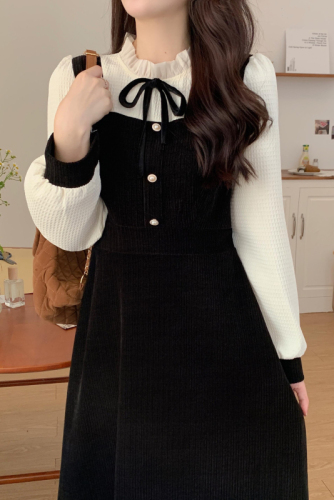 High-elastic corduroy wooden ears stand-up collar tea dress women's winter  new inner skirt small