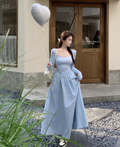 Real shot autumn and winter sexy stitching atmosphere sense high waist slim low collar age reduction dress big swing long skirt female