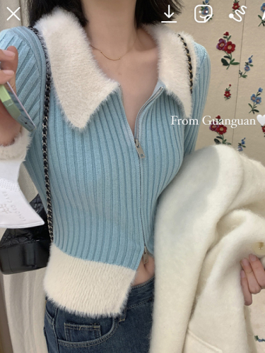 Baishui women's blue stitching knitted sweater women's autumn and winter 2000 new design fur collar cardigan short top
