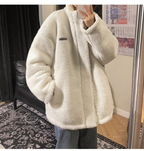 White pu leather lamb wool coat women's winter thickened double-sided cotton clothing Korean version loose ins Harajuku Hong Kong style cotton jacket
