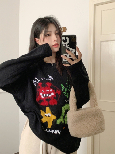 Real shot real price round neck pullover long sleeve funny casual Korean version of the little monster sweater lazy wind top