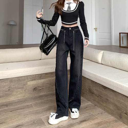 Real shot design stitching raw edge jeans women's high waist vertical straight trousers loose wide leg pants