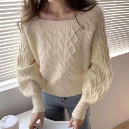 Square collar sweater women's retro thick twist twist autumn and winter new Korean version loose outer wear waist slimming knitted sweater bottoming
