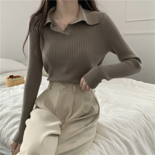 Polo collar long-sleeved knitted sweater women's autumn and winter Korean version of the new slim fit and thin pit stripe inner bottoming top